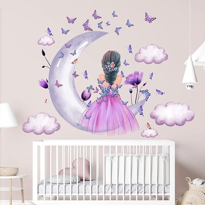 Baby Girl Wall Decals Purple Flower Butterfly Wall Sticker Moon Cloud Wall Decal Colorful Butterflies Wall Stickers Princess Room Decor for Girls Nursery Bedroom Playroom
