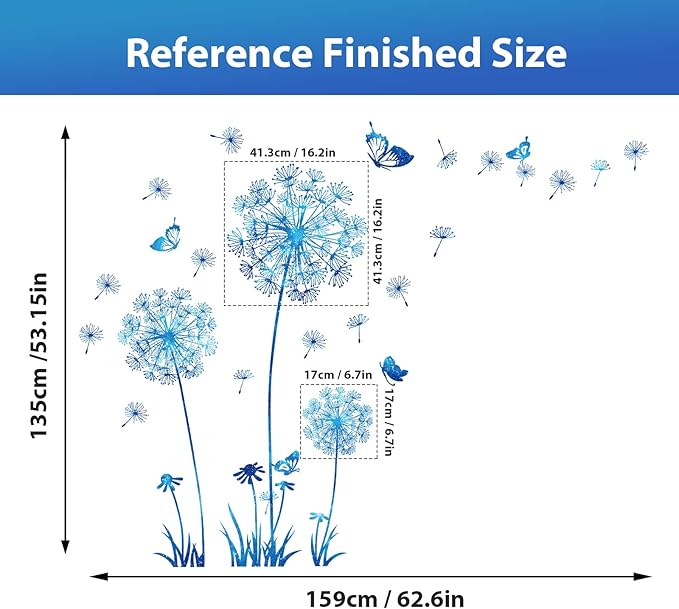 Dandelion Wildflower Wall Decals Art, Calcomanías para Pared Peel and Stick Floral Butterflies Flying Decor for Girls Kids Women Baby Nursery Room Bathroom Sofa Backdrop TV Wall (Light Blue)