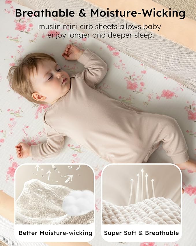 Yoofoss Muslin Pack and Play Sheets Fitted, Organic Mini Crib Sheets for Boys Girls, Playard Sheet Compatible with Pack N Play Mattress, Soft, Breathable and Durable 38"x26"