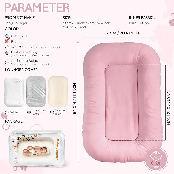 Baby Lounger & Snuggle Nest for Newborn 0-24 Months, Baby Nest Supervised Breathable Cotton for Newborn, Newborn Essentials Gifts, Breathable Portable Infant Lounnger for Travel and Home(Pink