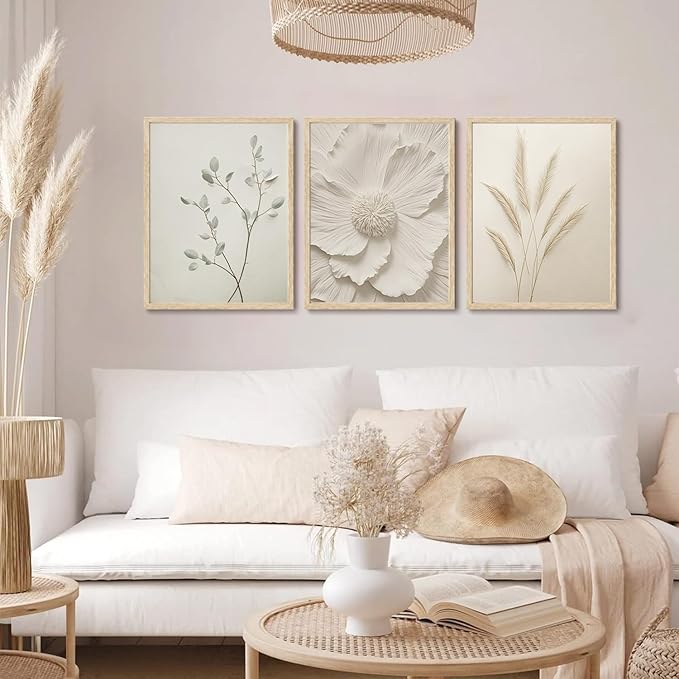 CHMMART 3 Piece Neutral Botanical Framed Wall Art Beige Floral Canvas Art Prints Minimalist Flower Pictures Wall Decor Boho Painting Artwork for Living Room Bedroom Bathroom 16x20in