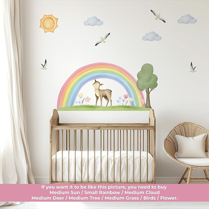 Pastel Boho Rainbow & Woodland Wall Decal Set for Nursery – Watercolor Fawn, Sun, Clouds, Tree, Grass, Birds – Large/XL/XXL