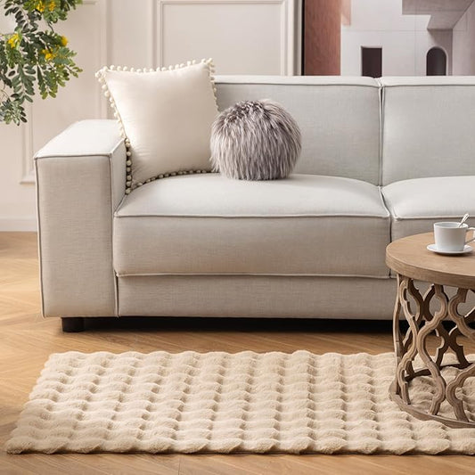Ashler Faux Rabbit Fur Area Rug, Beige 3x5 FT Fluffy Soft, Rectangle Fuzzy Carpet for Living Room, Bedroom, Machine Washable Shaggy Nursery Rug - 3D Bubble Rug