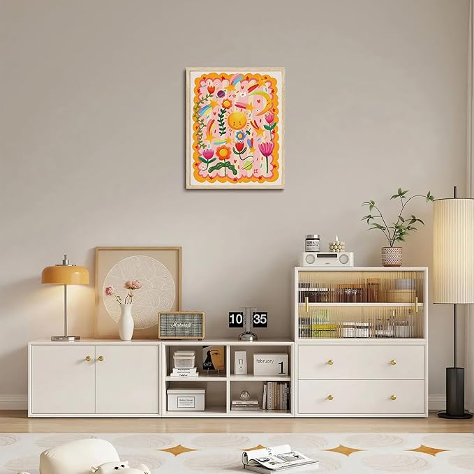 KISSFOX Framed Wall Art Nursery Wall Decor Floral Pictures Kids Cute Flower Canvas Art Sun Moon Stars Paintings Whimsical Celestial Artwork For Children Boys Girls Room Playroom