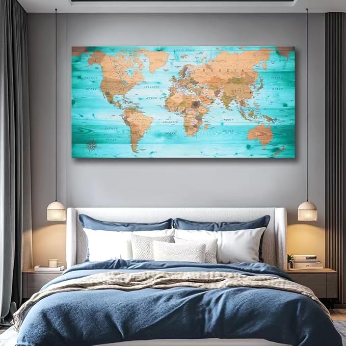 Large Wall Art Blue map of The World Painting Ready to Hang 20"x40"Large Framed Wall Art World Map Canvas Map Decorations Artwork Prints