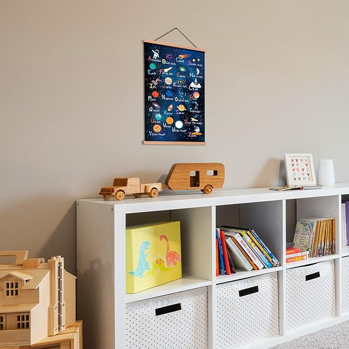 KAIRNE Outer Space Art Print With Wood Magnetic Poster Hanger Frame, Astronomy Alphabet Letters Canvas Wall Art,Abstract Universe Educational Poster,35X56CM Hanging Painting For Home Classroom Decor