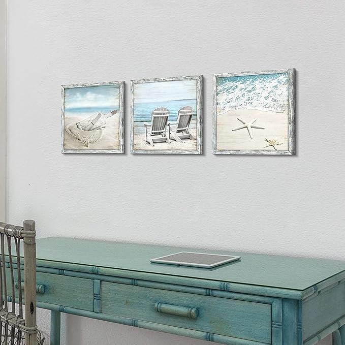 Seascape Pictures Framed Wall Artwork: Ocean Wall Art Set of 3 Beach Chairs & Drift Bottle Wall Art Coastal Prints on Wood for Bedroom