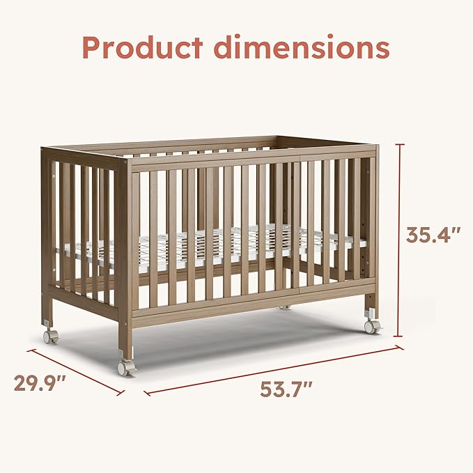 MAMAZING EvoNest Baby Crib, 11 in 1 Convertible Mini Crib with Wheels, 100% New Zealand Wood Growing Bed, 4 Adjustable Mattress Height, Walnut Brown
