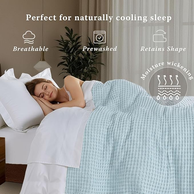 Threadmill Cooling Cotton Waffle Queen Size Blanket | Breathable, Lightweight & Ultra-Soft | Made from Rayon Derived from Bamboo| Cooling Throw Blanket for Couch and Sofa| 90 x 92 Inches | Light Blue