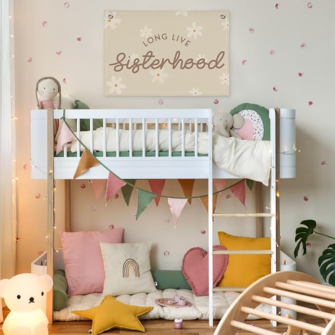 Cute Daisy Girls Room Decor, Long Live Sisterhood Linen Hanging Banner Flag,Boho Flower Banner for Nursery Playroom Wall Decor for Kids Bedroom Dorm Toddler Decorations 30x20,girlroom