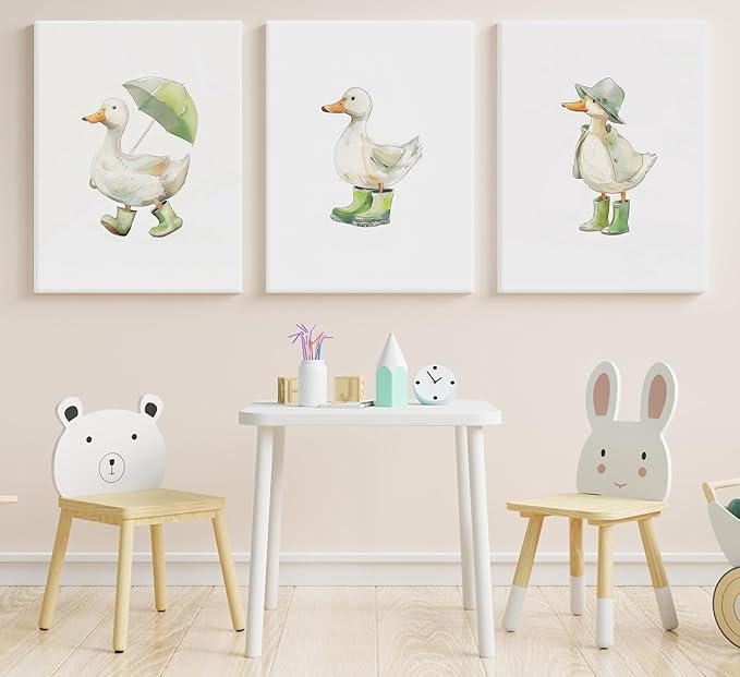 3Pcs Baby Animal Nursery Wall Art Funny Green Rain Gear Duck Painting Picture Wall Decor This Set of 3 Happy Ducks Wearing Green Boots Poster Print Artwork for Kids Boys Room Bedroom Decorate,Framed