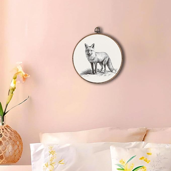 Vintage Fox Round Wall Art Framed, Cottagecore Round Wall Decor, Retro Animal Farmhouse Hanging Canvas Prints Wall Sculptures for Home Nursery Bedroom Decor, 10x10 Inch