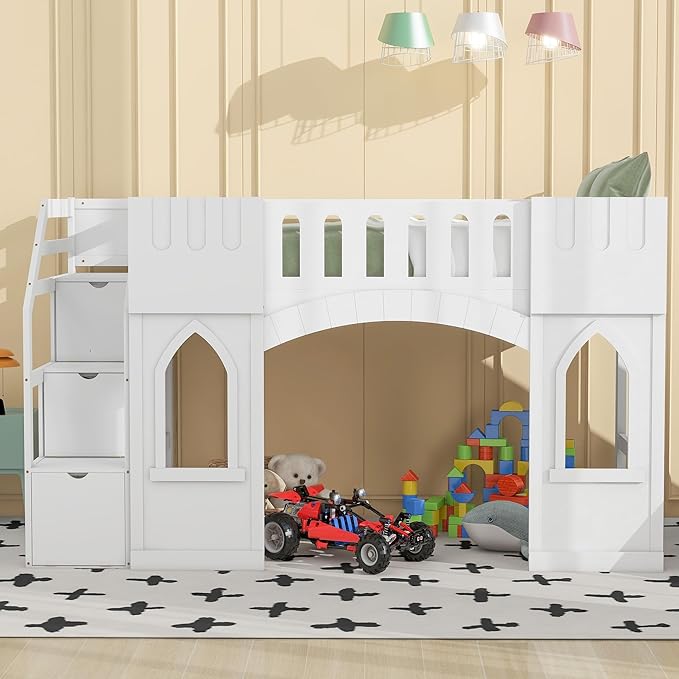 Playhouse Design Twin Size Loft Bed with Storage Staircase and Windows, Solid Wood Loft Bed Frame with Safety Guardrail for Kids Teens Boys Girls, Space-Saving (White-3)