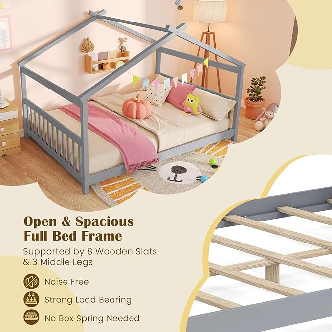 Giantex Full Size Floor Bed, Solid Wood Montessori House Bed with Roof, Headboard and Footboard, Low Full Bed Frame for Kids Teens Girls Boys, No Box Spring Needed, Grey