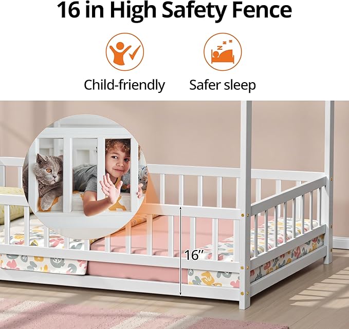 LLS Twin Floor Bed Frame with Fence, Wooden Montessori Bed, House Bed for Boys Girls Bedroom, White
