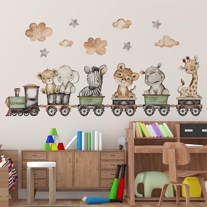 Yovkky Baby Safari Animals Train Wall Decals Stickers, African Jungle Elephant Zebra Giraffe Hippo Lion Leopard Cheetah Neutral Nursery Toddler Decor, Kids Room Home Decorations Bedroom Playroom Art