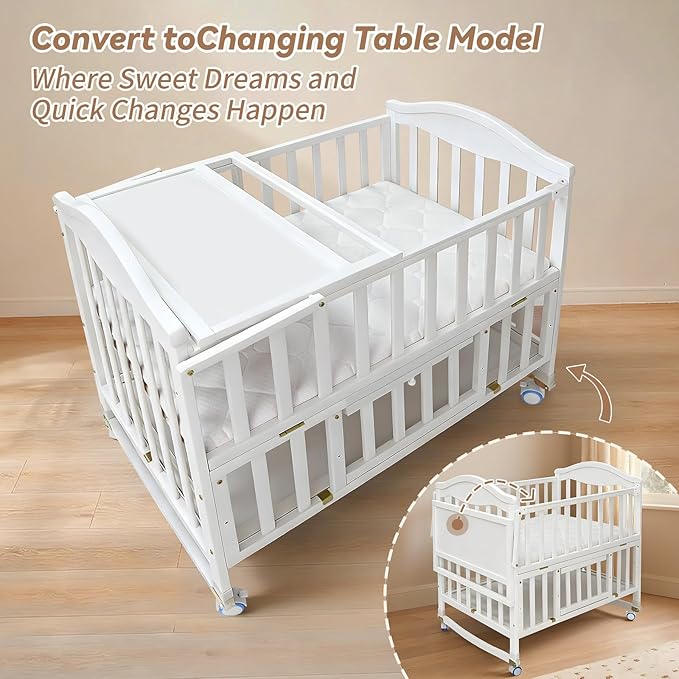 Portable Mini Baby Crib - Cunas para Bebes with Changing Shelf and Mattress Included,2025 Wheeled Wood Baby Bassinet,Bassinet Bedside Co Sleeper for Small Room,White