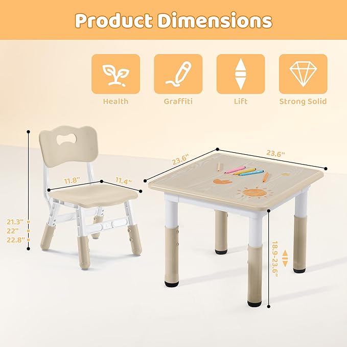 Kids Table & Chairs Set (2 Chairs) Height Adjustable for Ages 2-8 | Non-Slip Toddler Activity Table with Wipe-Clean Desktop, Montessori Learning & Art Drawing Tables for Home Preschool