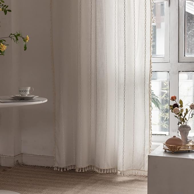 Deeprove White Boho Curtains 96 Inches Long for Nursery Bedroom Christmas Decor, Bohemian Embroidery Cream Weighted Cotton Linen French Country Window Treatments with Tassel, W52 x L96, 1 Panel