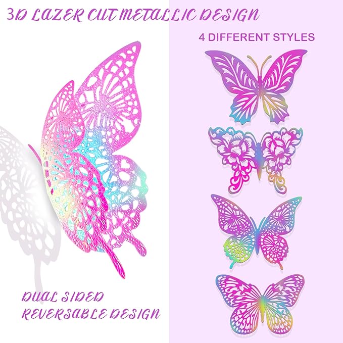 3D Butterfly Wall Decor 3 Sizes 4 Styles Butterfly Party Decorations Cake Decorations Removable Stickers Wall Decor Room Mural Metallic Kids (Laser Pink Purple, 48Pcs)