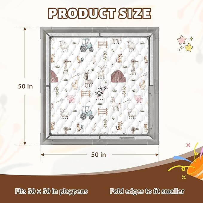 Baby Play Mat 50"x50" Extra Thick Foam Playmat - Water-Resistant Non-Slip Floor Mat & Cushioned Crawling Mat for Babies, Infants & Toddlers for Tummy Time(Cute Farm Animals)