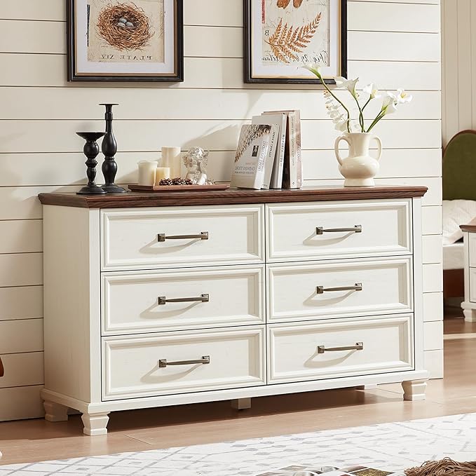 Farmhouse 6 Drawer Dresser for Bedroom, 54 inch Wide Large Vintage Chest of Drawers with Square Solid Wood Legs, Rustic TV Stand for Living Room, Wooden Storage Dressers for Hallway, White