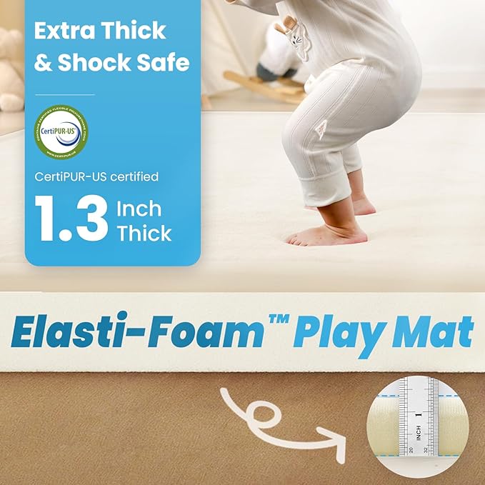 1.3" Thick Baby Play Mat for Floor Playpen, 50x50 Foam Tummy Time Mat, Padded Support Soft Plush Nursery Rug for Infant Kids Toddler Crawling Kick Activity (Ivory)