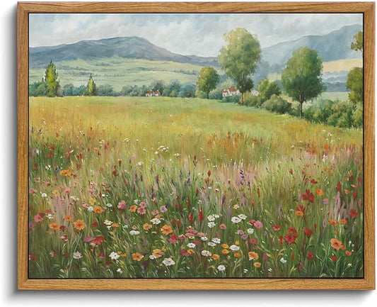OIQArtOIQ Vintage Landscape Framed Wall Art Spring Countryside Colorful Wildflower Field Canvas Art Prints Farmhouse Cottagecore Pictures Wall Decor Rustic Meadow Paintings Artwork For Kitchen Bedroom
