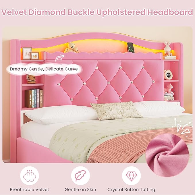DICTAC Full Size Bed Frame for Girls with 4 Storage Drawers, Bookcase Headboard, LED Lights and Power Outlets, Diamond Tufted Velvet Upholstered Princess Platform Bed, Heavy-Duty Metal Support, Pink