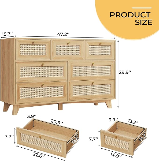 AOGLLATI Rattan Dresser for Bedroom with 7 Drawer, Modern Wooden Wide Bedroom Dresser, Chest of Drawers with Metal Handle & Solid Wood Legs for Bedroom/Living Room, Wood