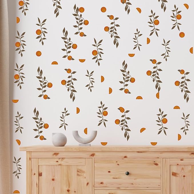 Orange Leaf Wall Decals Boho Fruit Leaf Wall Stickers Small Tree Leaf Sticker Vintage Green Leaves Decal Cute Orange Leaves Wall Decals for Nursery Kids Room Bedroom Kitchen Decor