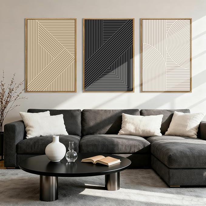 Large Neutral Abstract Wall Art Decor Framed Mid Century Modern Canvas Paintings Artwork for Living Room Bedroom Bathroom 36x24 Inch Set of 3
