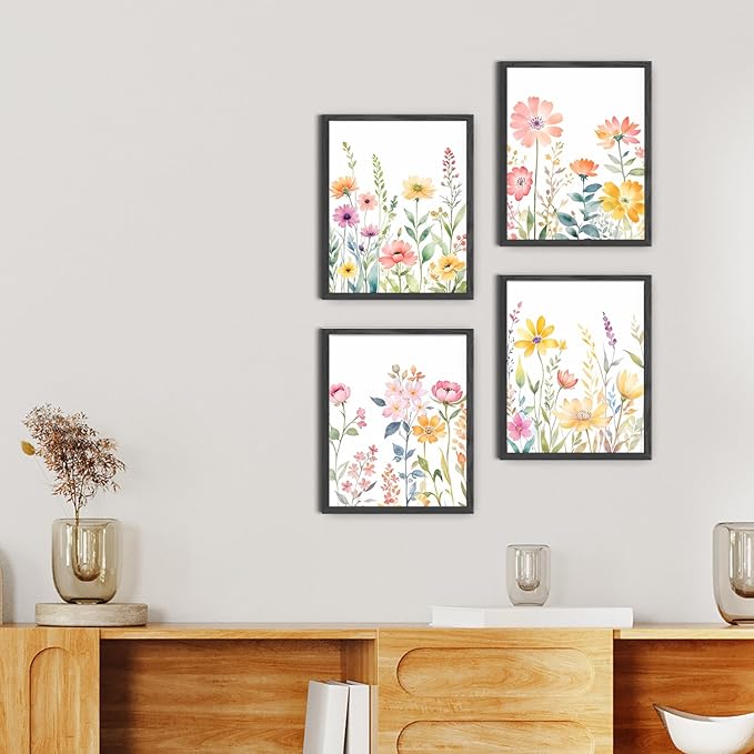 JINYO Watercolor Spring Flower Wall Art Prints Set of 4, Spring Wall Decor, Cottagecore Colorful Wildflower Floral Botanical Wall Decor Posters Pictures for Home Bedroom Living Room, 8x10 Unframed