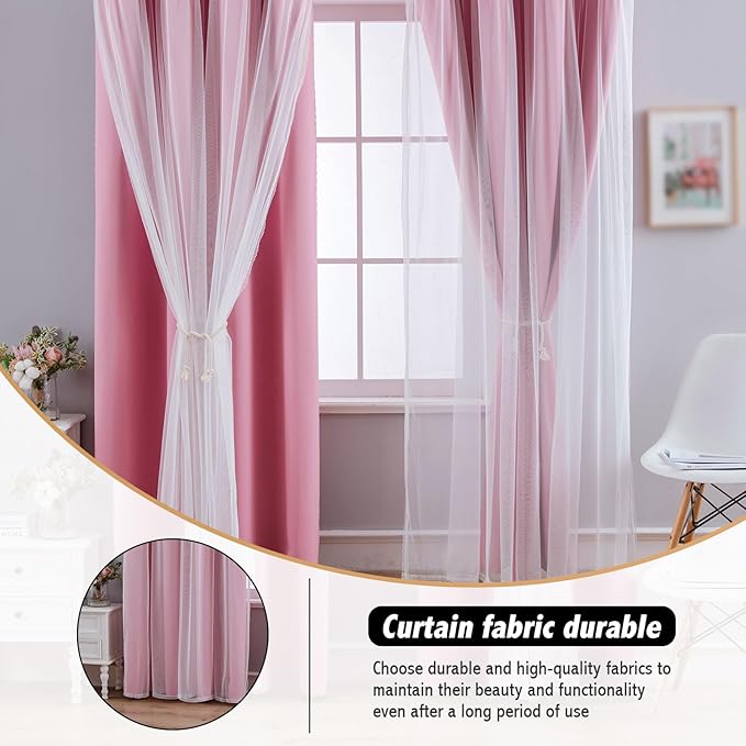 Anytime Home Curtains Blackout and Sheer Layered Solid Window Curtain Panel Pair with Grommet Top, 52Wx95L,Pink