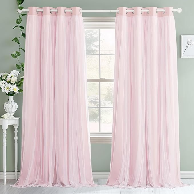 PONY DANCE Pink Curtains with White Sheer Overlay 95 Inch Long for Girl's Bedroom,2 Layered Backdrop Blackout Room Darkening Window Curtain Drapes for Kid's Room,Rose Blush,2 Panels Set