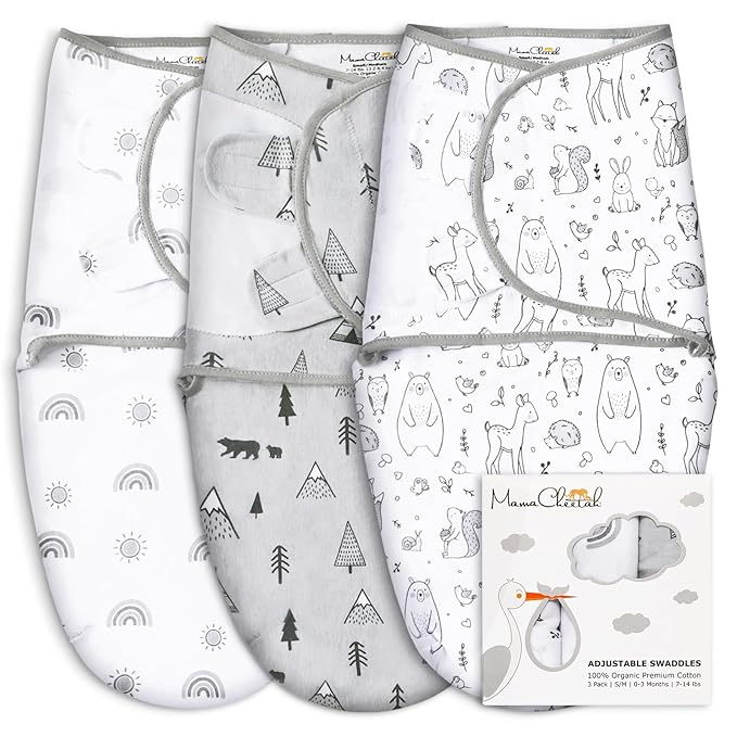Mama Cheetah Preemie Swaddle Sack - Organic Swaddle Sleep Sacks for Preemies, 4-7 lbs, Newborn Essentials, 3-Pack, Grey