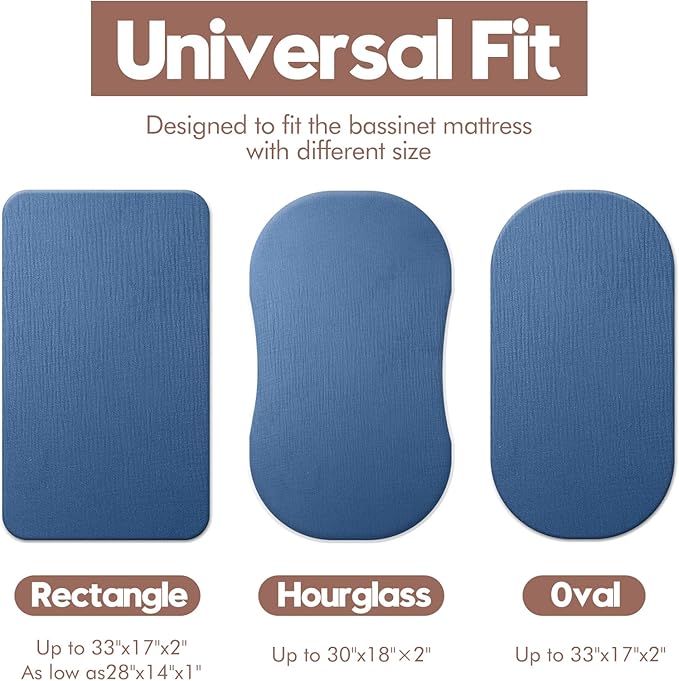 Muslin Bassinet Sheets for Baby Boy Girl,Breathable Baby Bassinet Sheets Fitted for Bassinet,Oval Rectangle,Hourglass,Bassinet Mattress/Pad,Soft Cotton 2 Pack