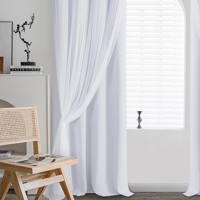 DWCN White Blackout Curtains with Sheer Overlay Thermal Insulated Mix & Match Double Layer Window Panels for Bedroom Living Room Drape Sewn with Tiebacks Grommet Top 38" Wx84 Lx2