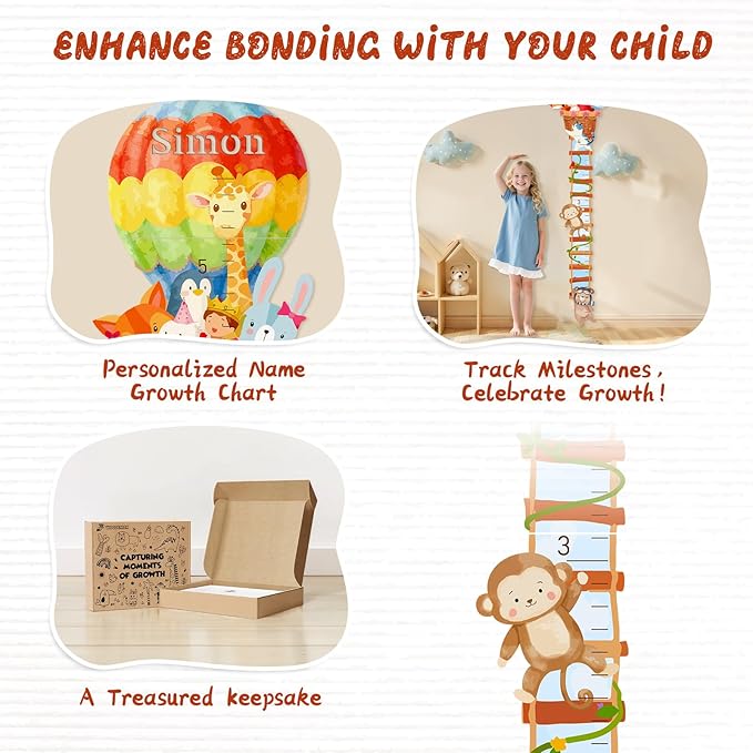 Personalized Name Wooden Growth Chart for Wall, Animal Balloon Wood Baby Height Growth Chart Wall Kids Room Nursery Wall Decor