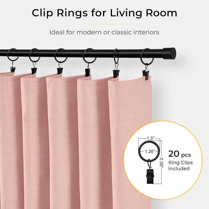 INOVADAY 100% Blackout Curtains for Bedroom, Black Out Curtains 84 Inch Long, Clip Rings Linen Blackout Drapes, Thermal Insulated Room Darkening for Living Room, 1 Panel - Blush Pink,W102xL84