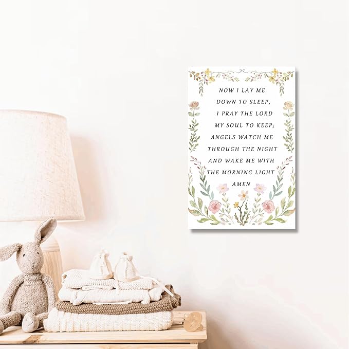 Nursery Bedtime Prayer Baby Room Now I Lay Me Down to Sleep Wildflower Canvas Wall Art Christian Child's Prayer Print Bible Verse Painting Home Decor Baptism Gifts for Girl Framed 16 * 24 inch