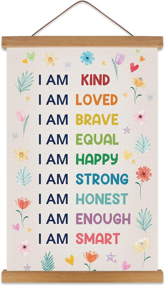 KAIRNE Positive Affirmations Wall Decor For Kids,I am Kind Smart Poster Hanger Frame, Boho Flowers Girly Poster,Rainbow Wall Art Hanging Inspirational Banner Decor for Classroom Nursery Playroom