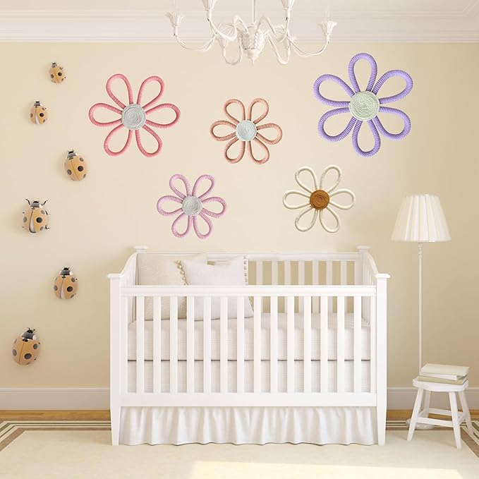 5 Pcs Boho Daisy Flower Wall Decor 3 Size Woven Floral Art Wall Hanging Supply for Boy Girl Pink Purple Bohemian Home Bedroom Room Decorations