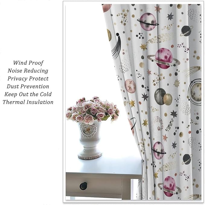 Kids Outer Space Curtains, Cartoon Galaxy Planet Universe Starry Starts Printed Window Drapes for Boys Girls Teens Bedroom Nursery 42" W X 45" L