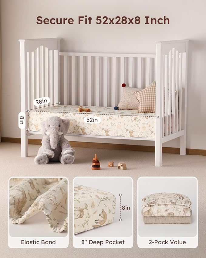 Yoofoss Muslin Crib Sheets for Boys Girls, Organic Baby Crib Sheets for Standard Crib Mattress & Toddler Mattress, Soft, Breathable, Durable 52"x28"