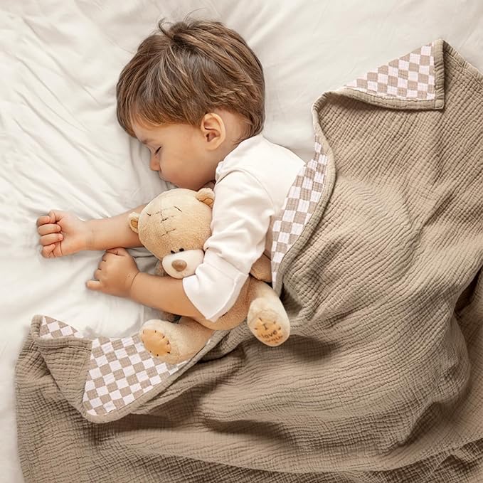 lulumoon Muslin Checkered Baby Blankets：Lightweight Cotton Toddler Blanket - Ideal for Stroller 47"x47"（Caramel Checkered）