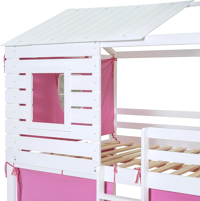 Full Size House Bed Tent Bed with Windows for Kids Teens Boys Girls, Solid Wood Bunk Bed Frame with Guardrails, Versatile Spacious Under Bed Space with Curtains (Pink-Tent Full)