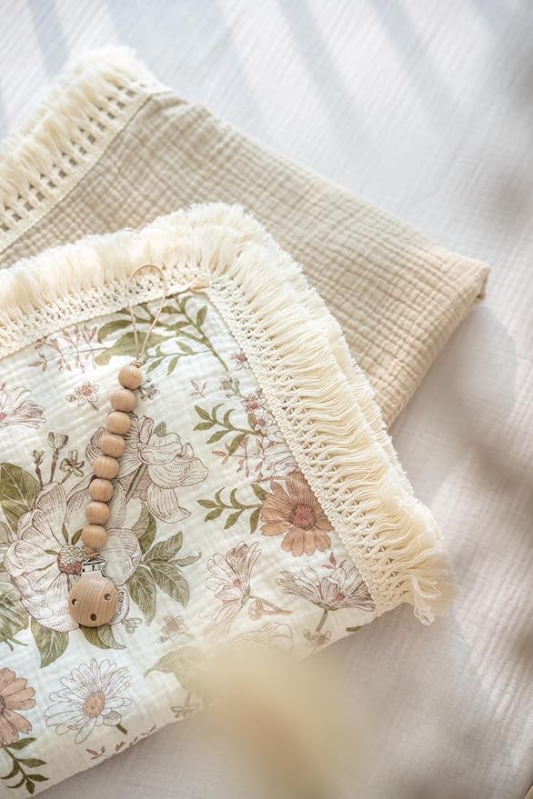 Little Jump Cotton Muslin Swaddle Blankets with Tassel, Boho Bohimia Muslin Baby Blanket Neutral with Fringe, Vintage Teddy Bear Nursery Decor Muslin Throw Blanket 47" x40" (Vintage Blossom)