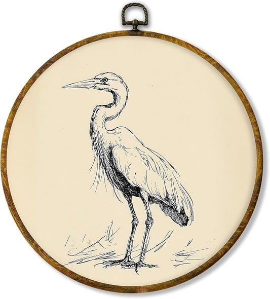 Hiuwevt Vintage Heron Bird Round Wall Art Decor, Retro Neutral Sketch Heron Framed Canvas Prints, Coastal Bird Round Wall Hanging Decor for Home Living Room Bedroom Decorations, 10x10 Inches