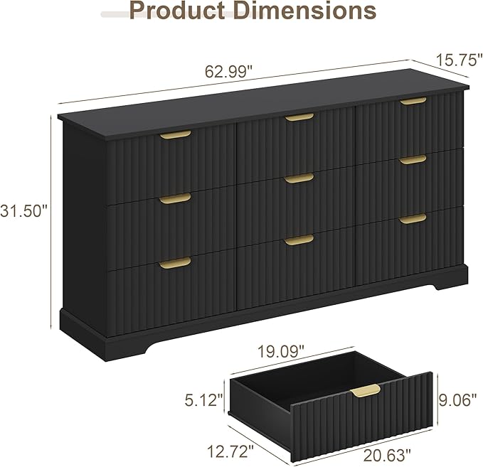 Fluted Dresser with 9 Drawers for Bedroom, 63" Wide Dresser with Metal Handle, Wooden Chest of Drawers for Bedroom, Living Room, Entryway, Black